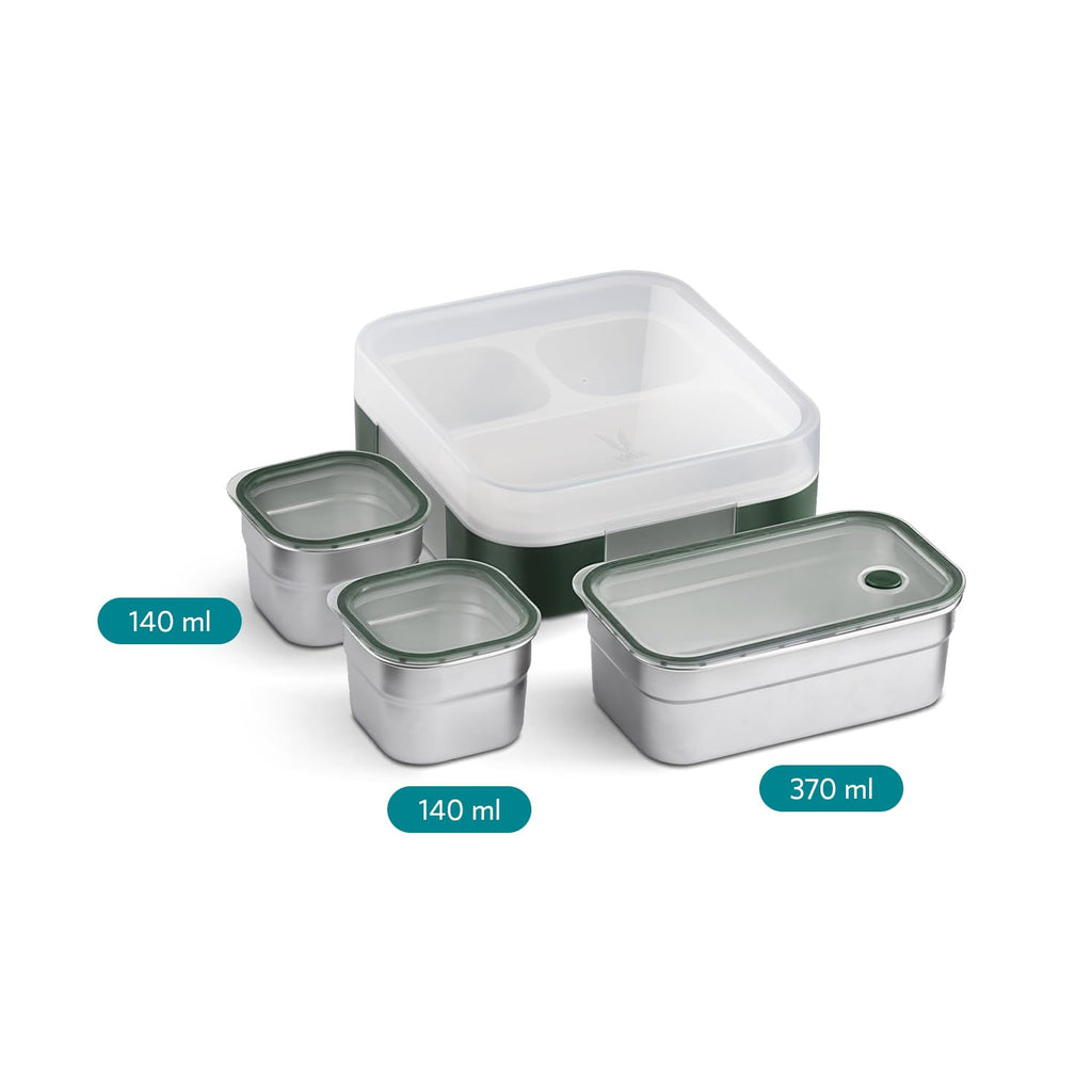 VAYA TYDBYT Stainless Steel Tiffin Box for Men, Kids Girls,1 Large & 2 Small Compartments, Bento Lunch Box, Smart Portions for Balanced Meals, Green