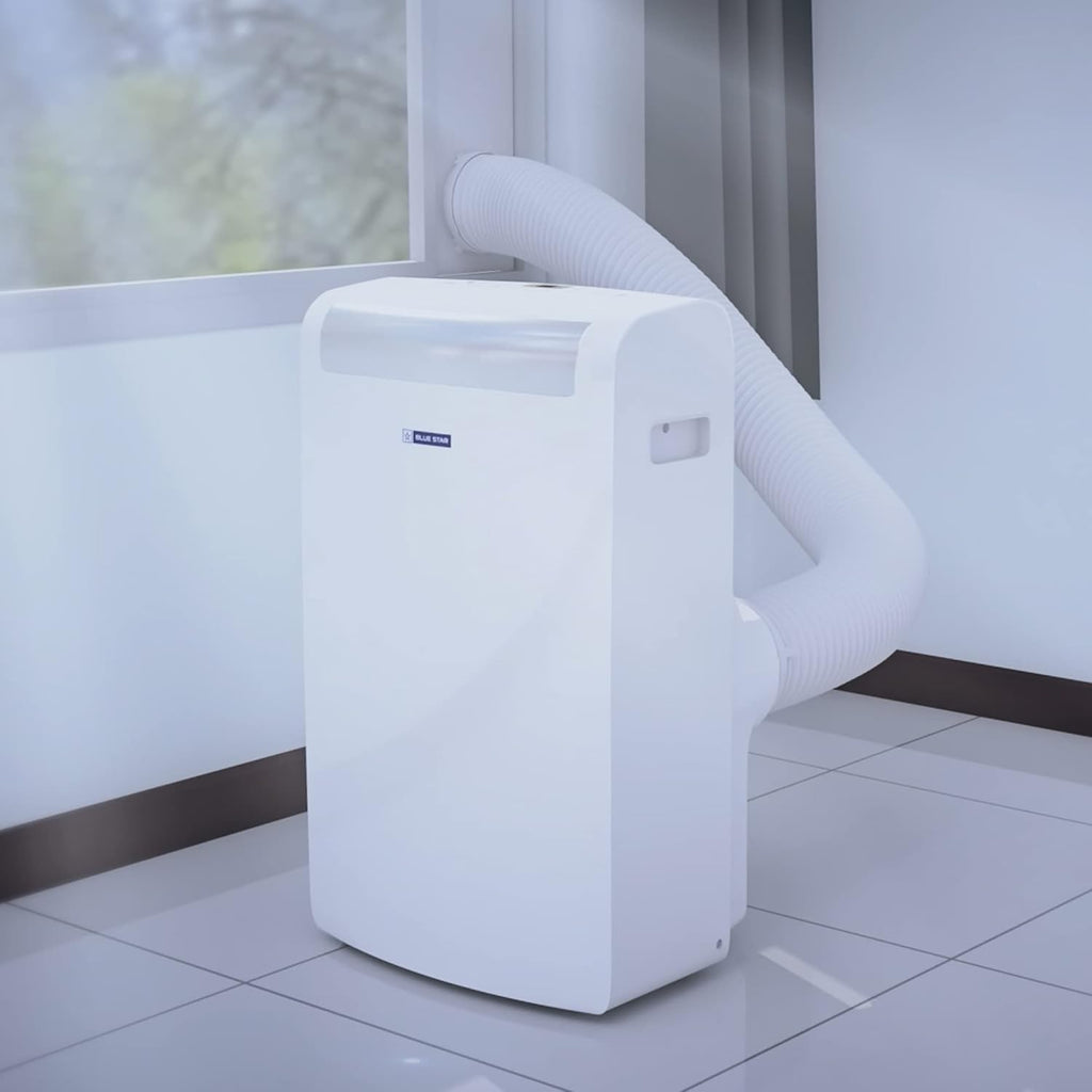 Blue Star 1.1 Ton Fixed Speed Portable AC (Copper, Anti Bacterial Silver Coating, Self Diagnosis, Comfort Sleep, Auto Mode, Remote Control Operations, Gold Fins, PC12DB, White)
