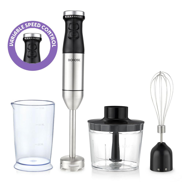 Borosil SmartBlend Hand Blender with Chopper & Whisker | 750ml Beaker & 500ml Chopper | BIS Approved Made in India | Variable Speed Control | SS 301 Blade & Detachable Blending Rod | 2 Years Warranty