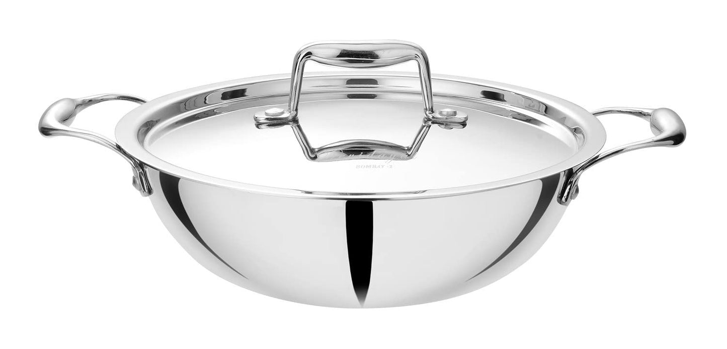 Devidayal Triply Stainless Steel Kadhai with 5 Year Warranty, (18cm | 1.2 LTRS | Silver |Stainless Steel |Induction and Dishwaser Comptible | Easy to Cook), Comes with Lid