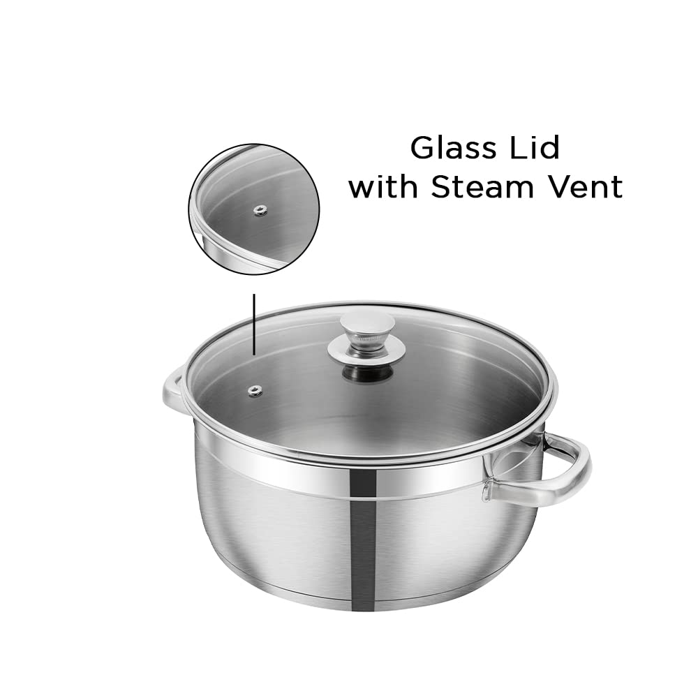 Vinod Bremen Stainless Steel Saucepot Set of 3 with Glass Lids | 2.5 mm Heavy Bottom | for Soups, Curries, Rice & Pasta | Riveted Handles | Induction & Gas Compatible | 2 Yr Warranty – Silver