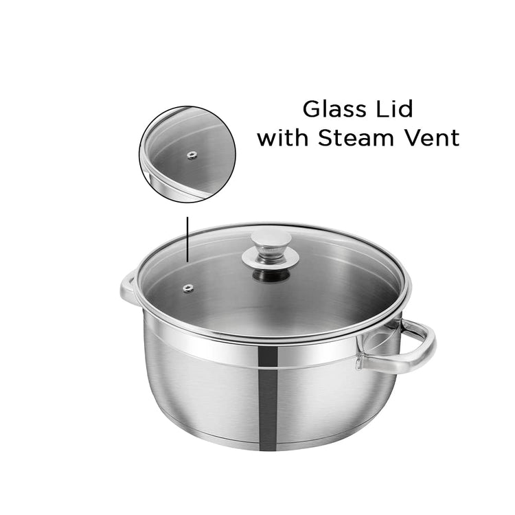 Vinod Bremen Stainless Steel Saucepot Set of 3 with Glass Lids | 2.5 mm Heavy Bottom | for Soups, Curries, Rice & Pasta | Riveted Handles | Induction & Gas Compatible | 2 Yr Warranty – Silver