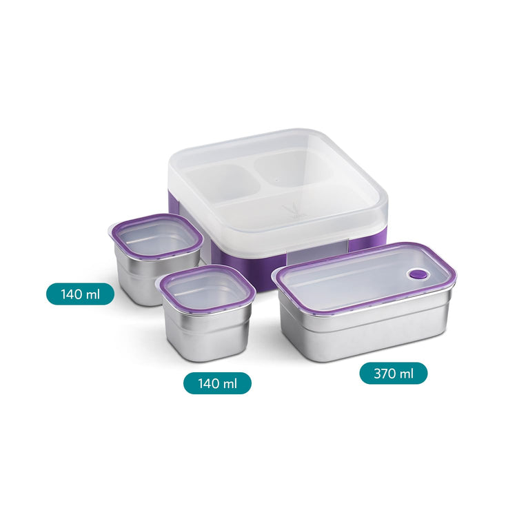VAYA TYDBYT Stainless Steel Tiffin Box for Men, Kids Girls,1 Large & 2 Small Compartments, Bento Lunch Box, Smart Portions for Balanced Meals, Purple