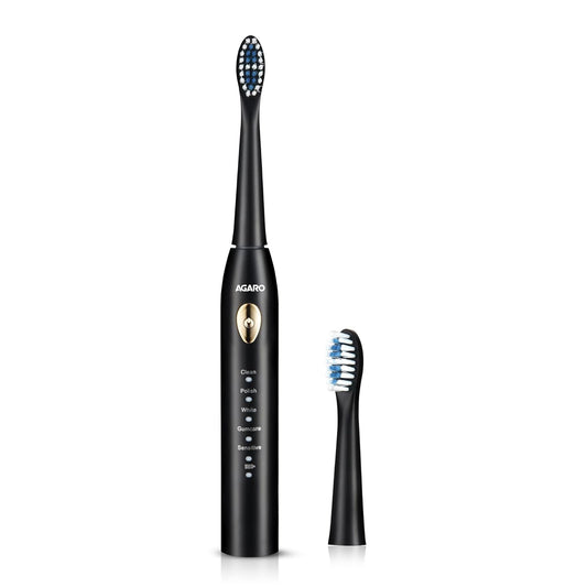 AGARO COSMIC LITE Sonic Electric Tooth Brush For Adults With 5 Modes, 2 Brush Heads & Rechargeable With 4 Hours Charge Lasting Up To 25 Days, Power Toothbrush, (Black)