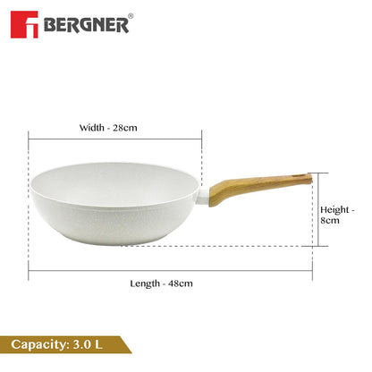 BERGNER Naturally Forged Aluminum 28cm (3 L) Wok, Marble Non-Stick Coating, Less Oil Use, Scratch Resistant and Durable, Soft Touch Handle, Easy to Clean - Induction Bottom, Free Non-Woven Trivet