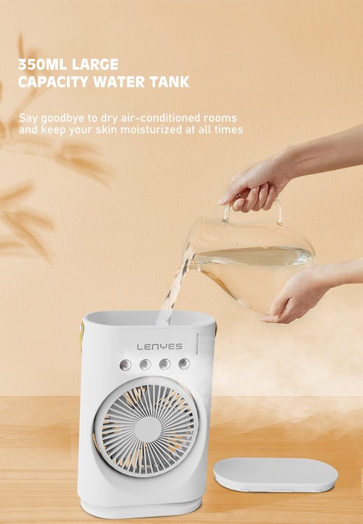 Lenyes LHF05 60 mm Mini Fan | LED Lighting | Rechargeable Fan | 3 Fan Speeds | 2 Light Mode Settings | High Speed Oscillation Table Fan | White Portable Fan