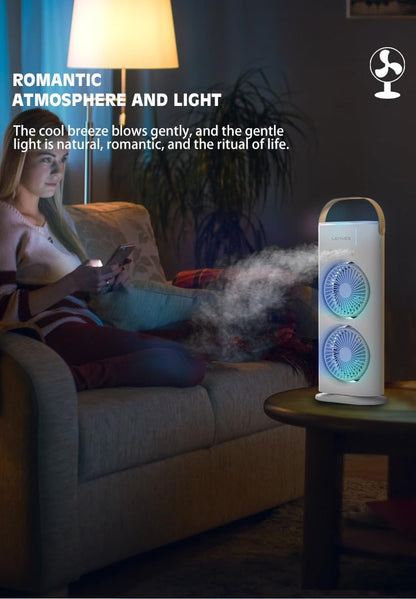 Lenyes LHF03 Tower Dual Fan 45mm | USB Charging Fan | LED Lighting | 3 Fan Speeds | 2 Mode Lighting | High Speed Oscillation Table Fan | White Protable Fan