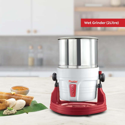 Prestige Wet Grinder PWG 01 Wet Grinder, 2 L (White/ Red) with Tilting Drum, Cocunut Scraper and Atta Kneader Attachment, 200W