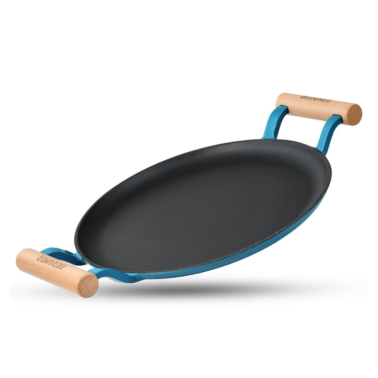 BERGNER Excalibur Lightweight Cast Iron Dosa Tawa 30cm, Double Sided Sturdy Handle, Non-Stick Coating, PFAS Free, Perfect Heat Distribution, Elegant Design - Induction Compatible (Blue)