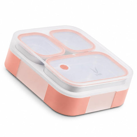 VAYA TYDBYT Stainless Steel Tiffin Box for Men, Kids Girls,1 Large & 2 Small Compartments, Bento Lunch Box, Smart Portions for Balanced Meals, Coral Crush