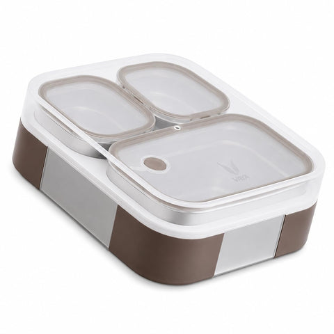 VAYA Stainless Steel Tiffin Box for Men, Kids Girls,1 Large & 2 Small Compartments, Bento Lunch Box, Smart Portions for Balanced Meals, Brown