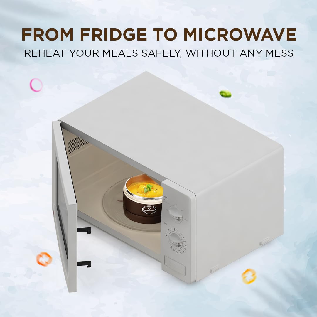 Oliveware TESO Musk Lunch Box | 3 Microwave-Safe Containers (2×420ml, 1×620ml) + 750ml Steel Bottle + 130ml Pickle Box + Steel Cutlery | Premium Carry Bag | Freezer & Dishwasher Safe (Brown)