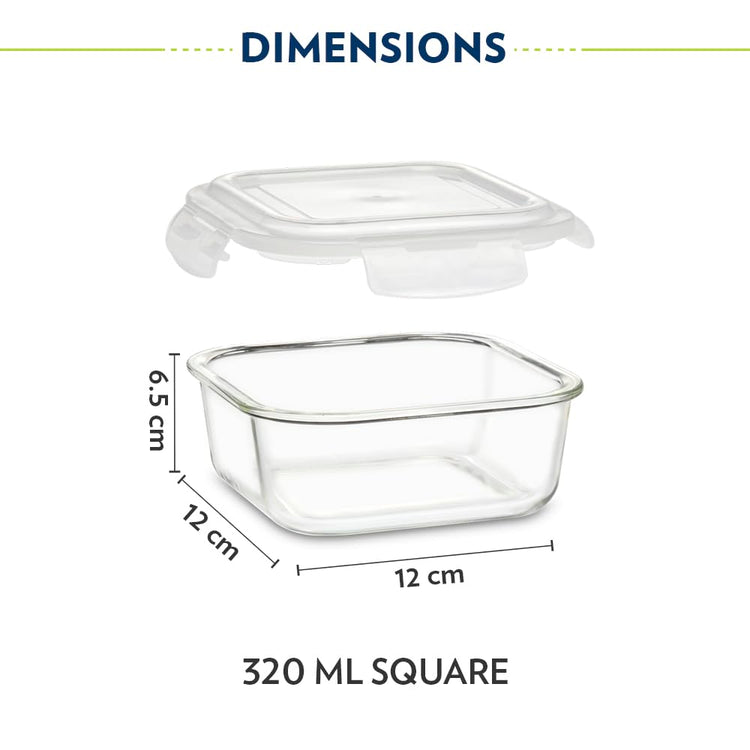 Borosil Pro Borosilicate Glass Lunchbox with Bag | 3 pc Square Container Set (320 ml Each) | Microwave & Dishwasher Safe, Leakproof | Tiffin for Office, School, College | Transparent