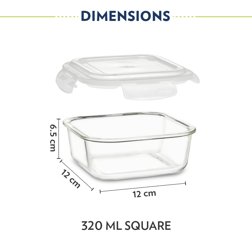 Borosil Pro Borosilicate Glass Lunchbox with Bag | 2 pc Square Container Set (320 ml Each) | Microwave & Dishwasher Safe, Leakproof | Tiffin for Office, School, College | Transparent, Vertical