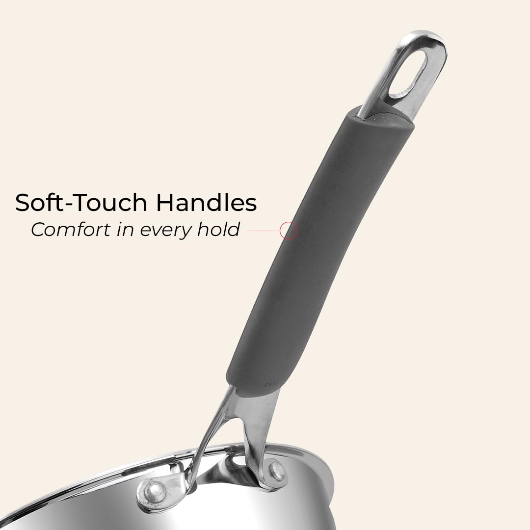Vinod Platinum Luxe Triply Stainless Steel Cookware Set 5 Pc - Superior Finish, Cool Grip Handles, Mastercrafted Durability | 100% Safe, Non-Toxic, Nickel-Free | Frypan + Kadai & Saucepan with 2 Lids