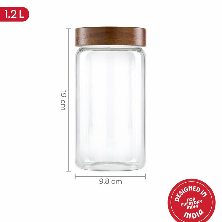 Borosil Glass Jar with Acacia Wood Lid | Borosilicate Glass Storage Jar for Dry Fruits, Spices & Snacks | Airtight Glass Container for Kitchen & Pantry (Tallwood, 1200 ml)