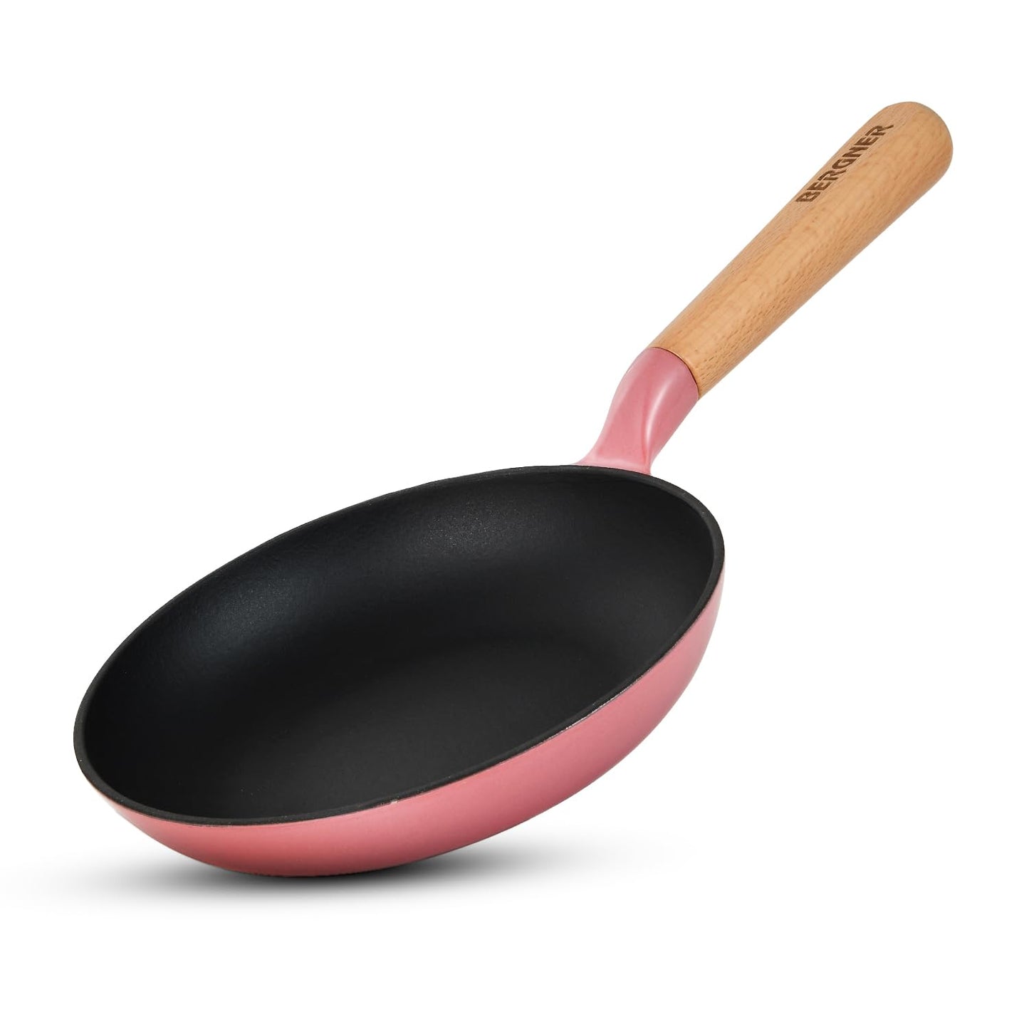 BERGNER Excalibur Lightweight Cast Iron Frypan 18cm, Sturdy Wooden Handle, Non-Stick Coating, PFAS Free, Perfect Heat Distribution, Elegant Design - Induction and Gas Stove Ready (Pink)