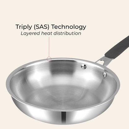 Vinod Platinum Luxe Triply Stainless Steel Cookware Set 5 Pc - Superior Finish, Cool Grip Handles, Mastercrafted Durability | 100% Safe, Non-Toxic, Nickel-Free | Frypan + Kadai & Saucepan with 2 Lids