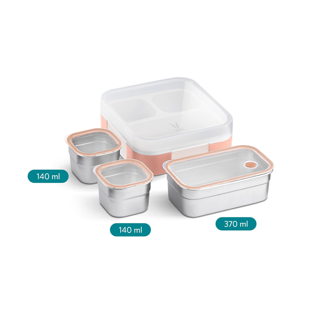 VAYA TYDBYT Stainless Steel Tiffin Box for Men, Kids Girls,1 Large & 2 Small Compartments, Bento Lunch Box, Smart Portions for Balanced Meals, Coral Crush