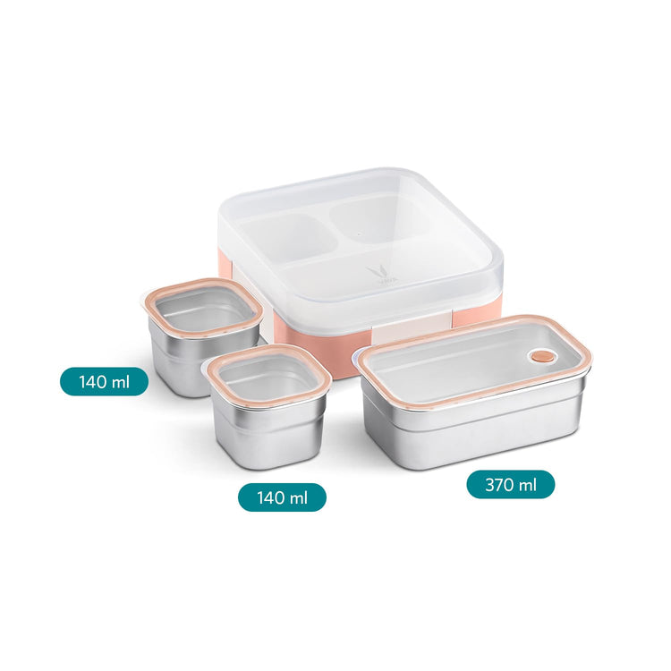 VAYA TYDBYT Stainless Steel Tiffin Box for Men, Kids Girls,1 Large & 2 Small Compartments, Bento Lunch Box, Smart Portions for Balanced Meals, Coral Crush