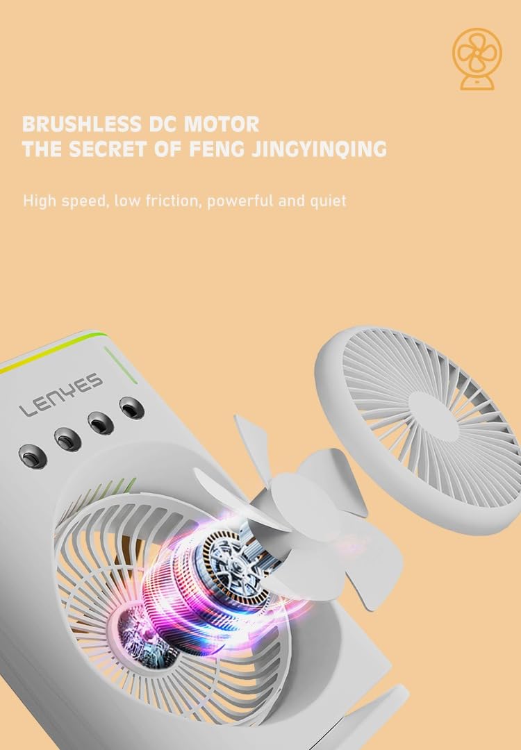 Lenyes LHF05 60 mm Mini Fan | LED Lighting | Rechargeable Fan | 3 Fan Speeds | 2 Light Mode Settings | High Speed Oscillation Table Fan | White Portable Fan