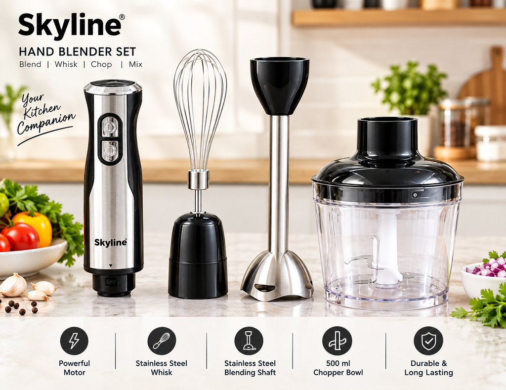 Skyline 500W Hand Blender with Chopper & Whisker | 3-in-1 Immersion Blender, Vegetable Chopper & Egg Whisk | Stainless Steel Blades | 1 Year Warranty