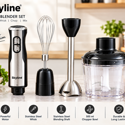 Skyline 500W Hand Blender with Chopper & Whisker | 3-in-1 Immersion Blender, Vegetable Chopper & Egg Whisk | Stainless Steel Blades | 1 Year Warranty