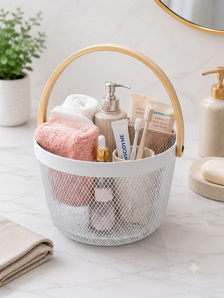Premium Multipurpose Metal Mesh Storage Basket with Wooden Handle | Fruit Basket, Bathroom Organizer, Kitchen Counter Basket, Vegetable & Utility Storage- White