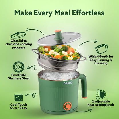 AGARO Regency Multipurpose Kettle With Steamer, 1.2L Inner Pot, Double Layered Body, Variable Temperature Settings, Wide Mouth, Boiling, Steaming, Tea, Coffee, Egg, Vegetable Boiling, 600W, Sea Green