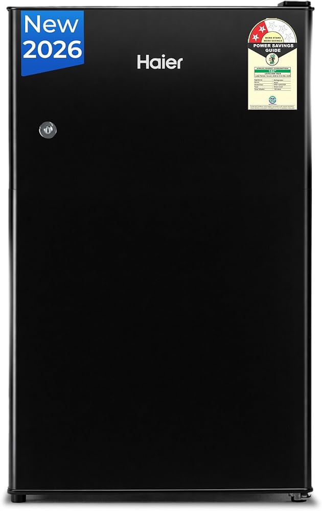 Haier 100 L 2 Star Direct Cool Single Door Mini Bar Refrigerator with Chiller Freezer Box, LED Light for Clear View, Lock & Key and Easy Clean Back (HRD-1252KSA, Black Steel, 2026 Model)