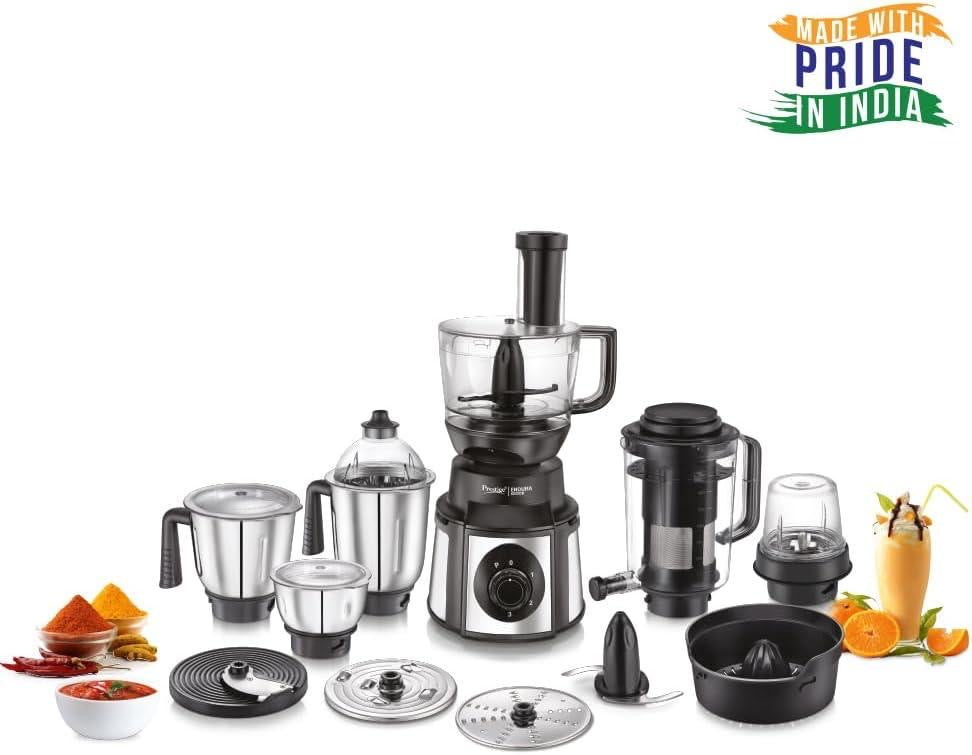 Prestige Endura Pro 1000 Watt Multi Functional Mixer Grinder | Heavy-Duty Ball Bearing Copper Motor | 6 Jars with Food Processing Attachments | 14 Functions in One | 5Y Motor Warranty