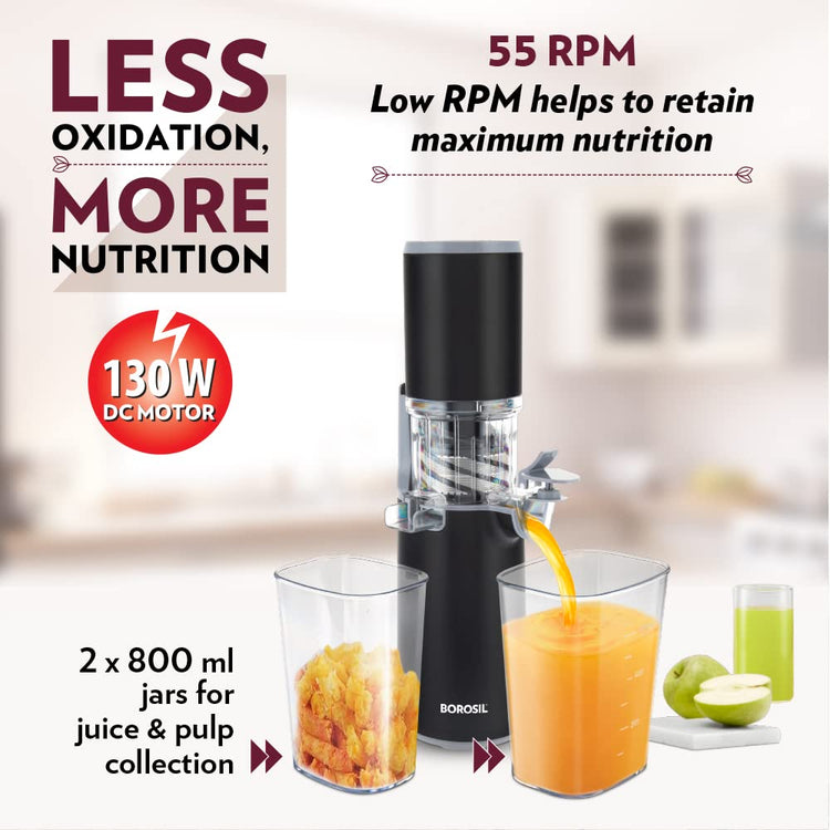 Borosil 130W Easy Cold Press Slow Juicer | Compact Design Portable Less Oxidation, Anti Drip Outlet Lid | Fruit & Vegetable Juicer | 1 Year Warranty | Black