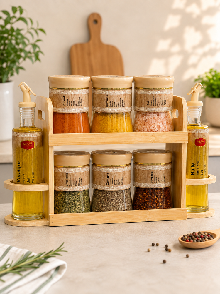 Addox Glass Oil & Vinegar Dispenser Set with Wooden Finish Cover | Kitchen Oil Bottle & Sauce Dispenser with Easy-Pour Spout