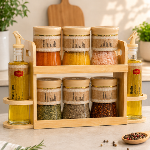 Addox Glass Oil & Vinegar Dispenser Set with Wooden Finish Cover | Kitchen Oil Bottle & Sauce Dispenser with Easy-Pour Spout