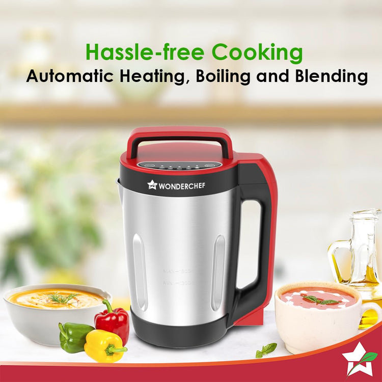 Wonderchef Neo Automatic Soup Maker|1.6 Litre|900 Watts Heater|SS Blades and Jug|5 Pre-Set Functions|Red|Black|Steel|One Touch Operation|Touch Control Panel|30 Minute Cook Time|2 Years Warranty