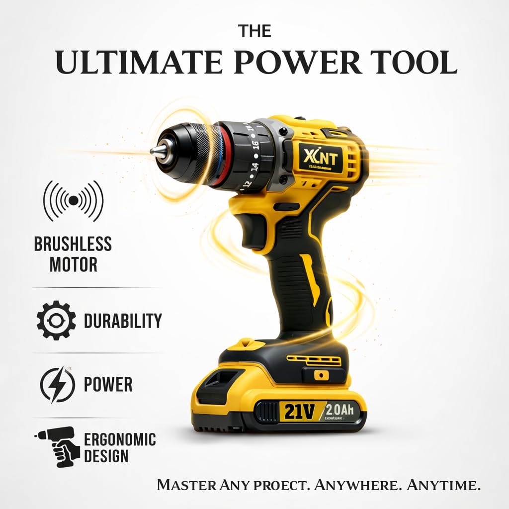 XLNT 21V Cordless Brushless Drill Set, Power Drill Kit with 2 Batteries & Charger, Impact Drill Driver with 3/8" Keyless Chuck, 25+1 Torque Settings, Complete Hand Tools Set, Sockets & Carry Case.