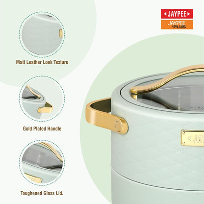 JAYPEE Luxura Klass Set Inner Steel Serving Casserole Set of 3 Toughened Glass Lid Advanced PU Insulated 100% Food Grade Lockable Hot Box Easy to Keep Roti, Pulao & More|1500, 2000, 2500 ml,Green