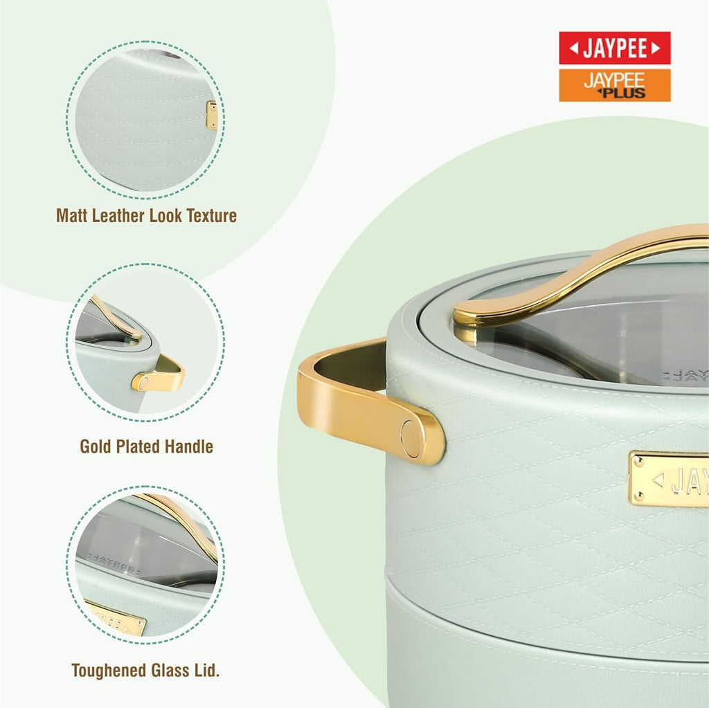 JAYPEE Luxura Klass Set Inner Steel Serving Casserole Set of 3 Toughened Glass Lid Advanced PU Insulated 100% Food Grade Lockable Hot Box Easy to Keep Roti, Pulao & More|1500, 2000, 2500 ml,Green
