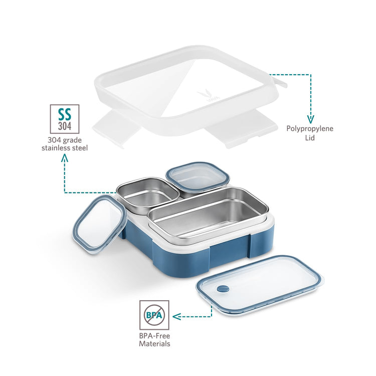 VAYA TYDBYT Stainless Steel Tiffin Box for Men, Kids Girls,1 Large & 2 Small Compartments, Bento Lunch Box, Smart Portions for Balanced Meals, Blue