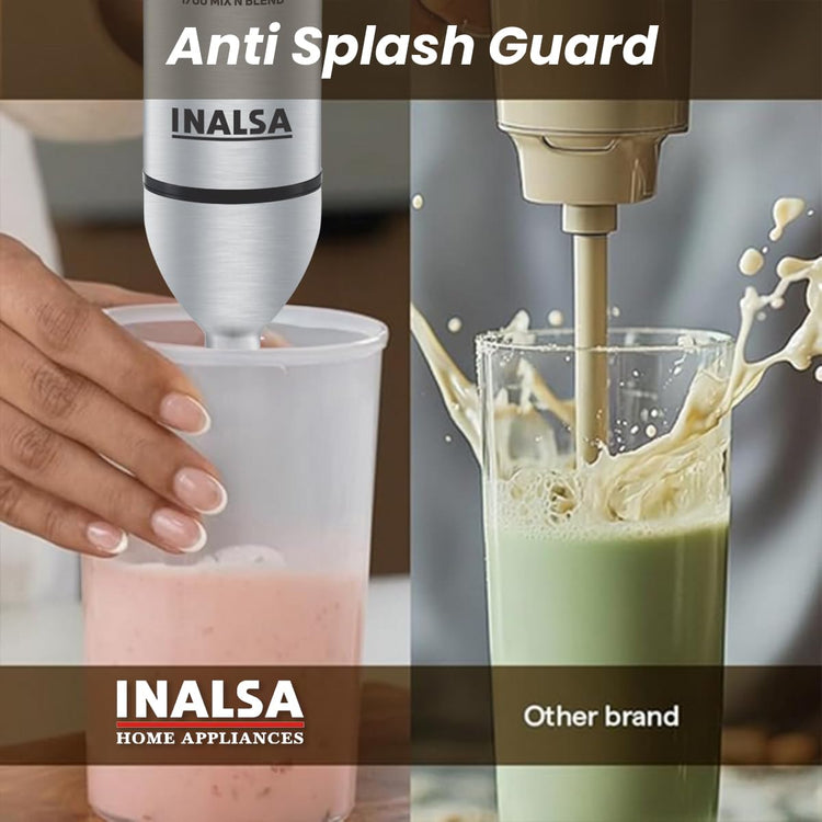 INALSA Hand Blender Mixer|1700W Copper Motor|Chopper,Dough Maker,Whisker & Jar Attachment|Low Noise|20 Speed Control & Turbo Function|BPA Free|Anti-Splash|2 Yr Warranty,Robot Inox 1700 Mix N Blend