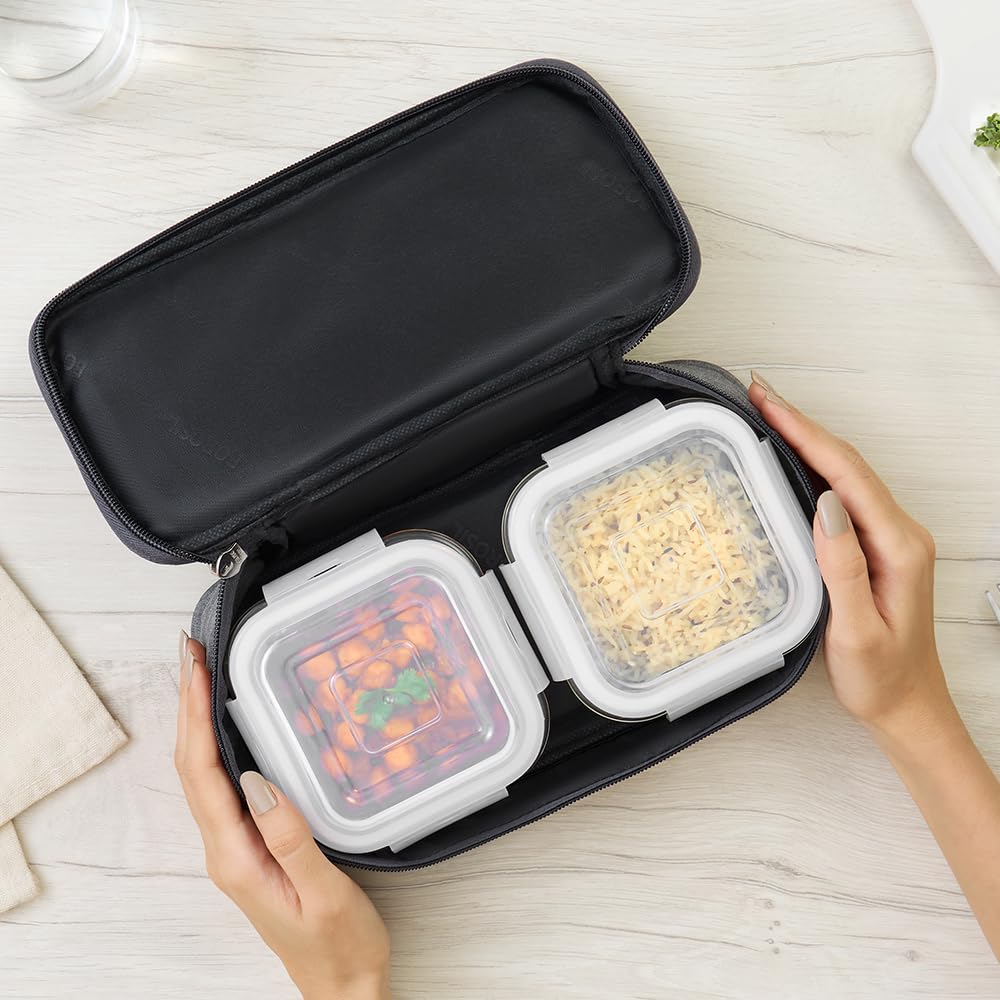 Borosil Pro Borosilicate Glass Lunchbox with Bag | 2 pc Square Container Set (320 ml Each) | Microwave & Dishwasher Safe, Leakproof | Tiffin for Office, School, College | Transparent, Horizontal