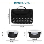 Borosil Kube Black Borosilicate Glass Lunchbox with Bag | 4 pc Container Set (320ml Square x 2 + 240ml Round x 2) | Microwave & Dishwasher Safe, Leakproof | Tiffin for Office, School, College