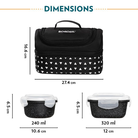 Borosil Kube Black Borosilicate Glass Lunchbox with Bag | 4 pc Container Set (320ml Square x 2 + 240ml Round x 2) | Microwave & Dishwasher Safe, Leakproof | Tiffin for Office, School, College