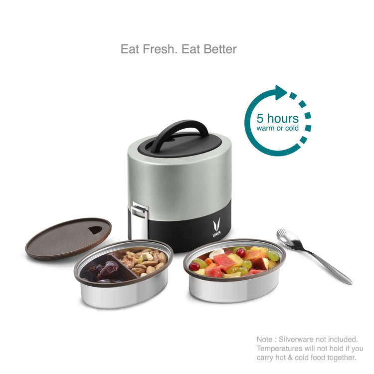 VAYA TYFFYN Lunch Box for Kids for School, Polished Stainless Steel Tiffin Box, Insulated 600ml Tiffin Box for Office for Men with 2 Leakproof Containers, Hot Lunch Box for Boys, Silver