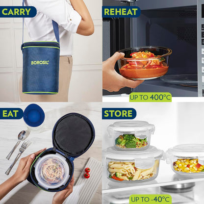 Borosil Klip n Store Lunchbox with Bag | 3pc Round Container Set (400 ml Each) | Made in India Borosilicate Glass | Microwave & Dishwasher Safe | Tiffin for Office, School, College | Vertical