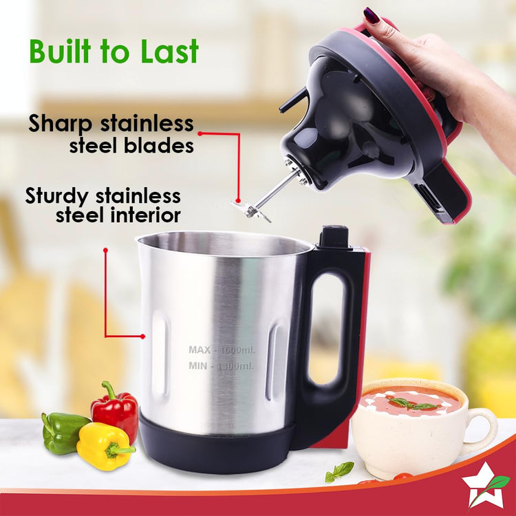 Wonderchef Neo Automatic Soup Maker|1.6 Litre|900 Watts Heater|SS Blades and Jug|5 Pre-Set Functions|Red|Black|Steel|One Touch Operation|Touch Control Panel|30 Minute Cook Time|2 Years Warranty