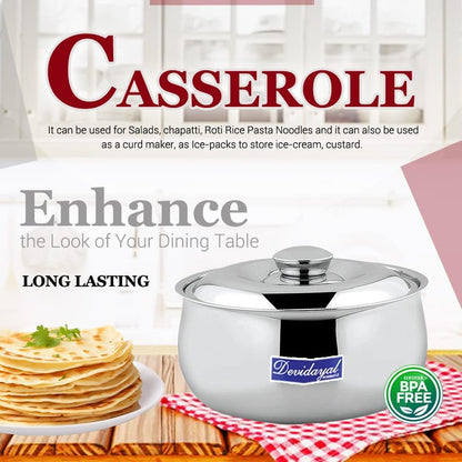 DEVIDAYAL Casserole for Roti | Stainless Steel Hot Box for Kitchen and Home | Chappati Steel Hot Pot with Lid (Silver) (1000 ml)