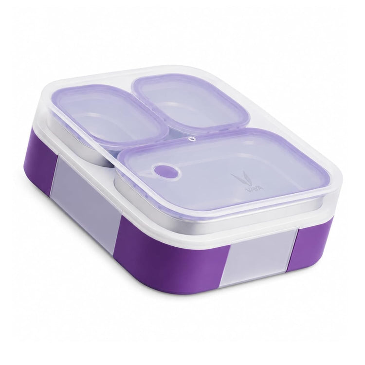 VAYA TYDBYT Stainless Steel Tiffin Box for Men, Kids Girls,1 Large & 2 Small Compartments, Bento Lunch Box, Smart Portions for Balanced Meals, Purple