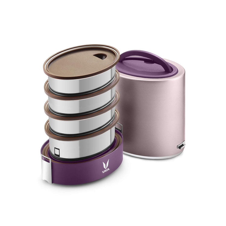 VAYA TYFFYN Jumbo Lunch Box for Office for Men,with Polished Stainless Steel Containers,1300Ml Vacuum Insulated Hot Lunch Box Without Bagmat,Leakproof Hot Tiffin Box with 4 Compartments,Purple