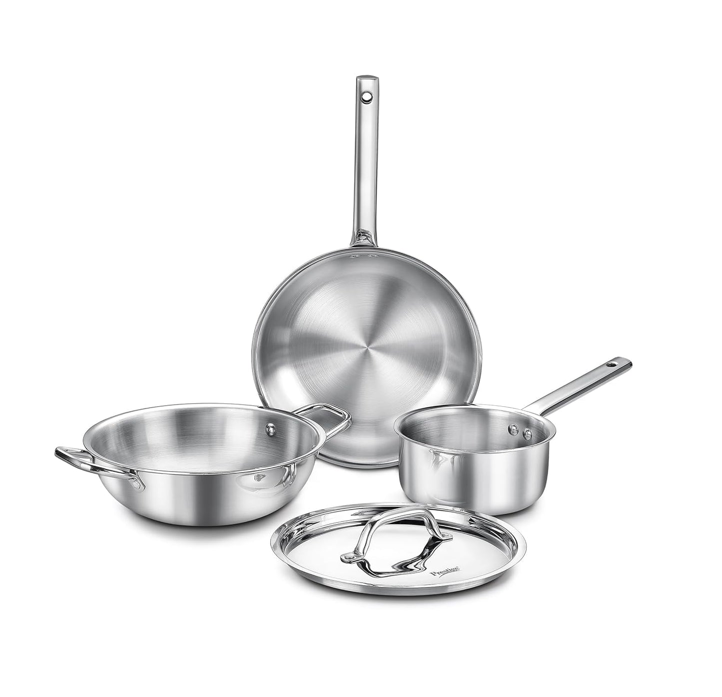 Prestige TRIPLY 4 Pc Cookware Set | TRIPLY Splendid | Fry Pan 24cm/1.7L | Kadai 24cm/2.7L | Sauce Pan 16cm/1.5L | SS Lid 24cm | Gas & Induction Compatible | Even Heat Distribution | 15Y Warranty | ISI